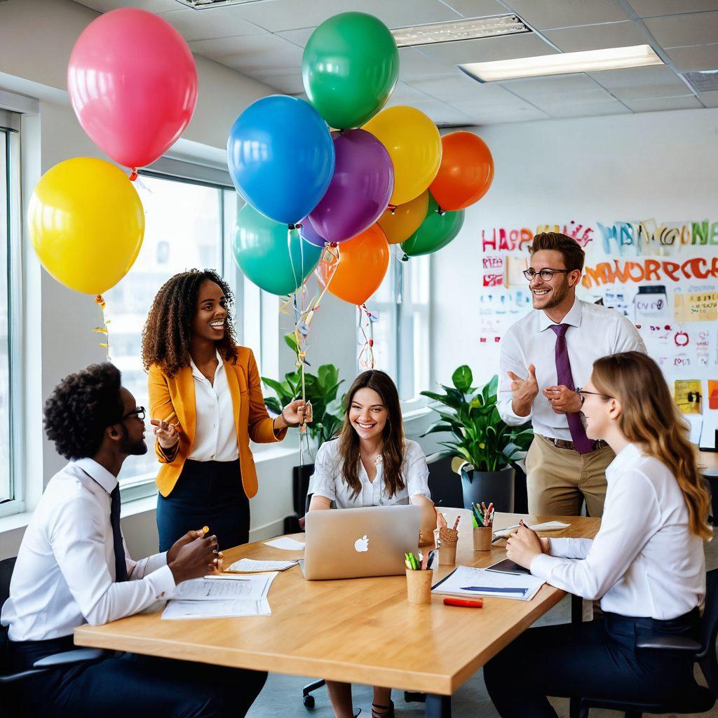 A vibrant office environment featuring diverse happy employees engaged in group activities, exchanging ideas, and celebrating achievements. Include elements like colorful balloons, motivational quotes on walls, and plants to signify growth and positivity. Illustrate a joyful HR professional facilitating a team-building exercise, emphasizing collaboration and engagement. super-realistic. vibrant colors. modern style.