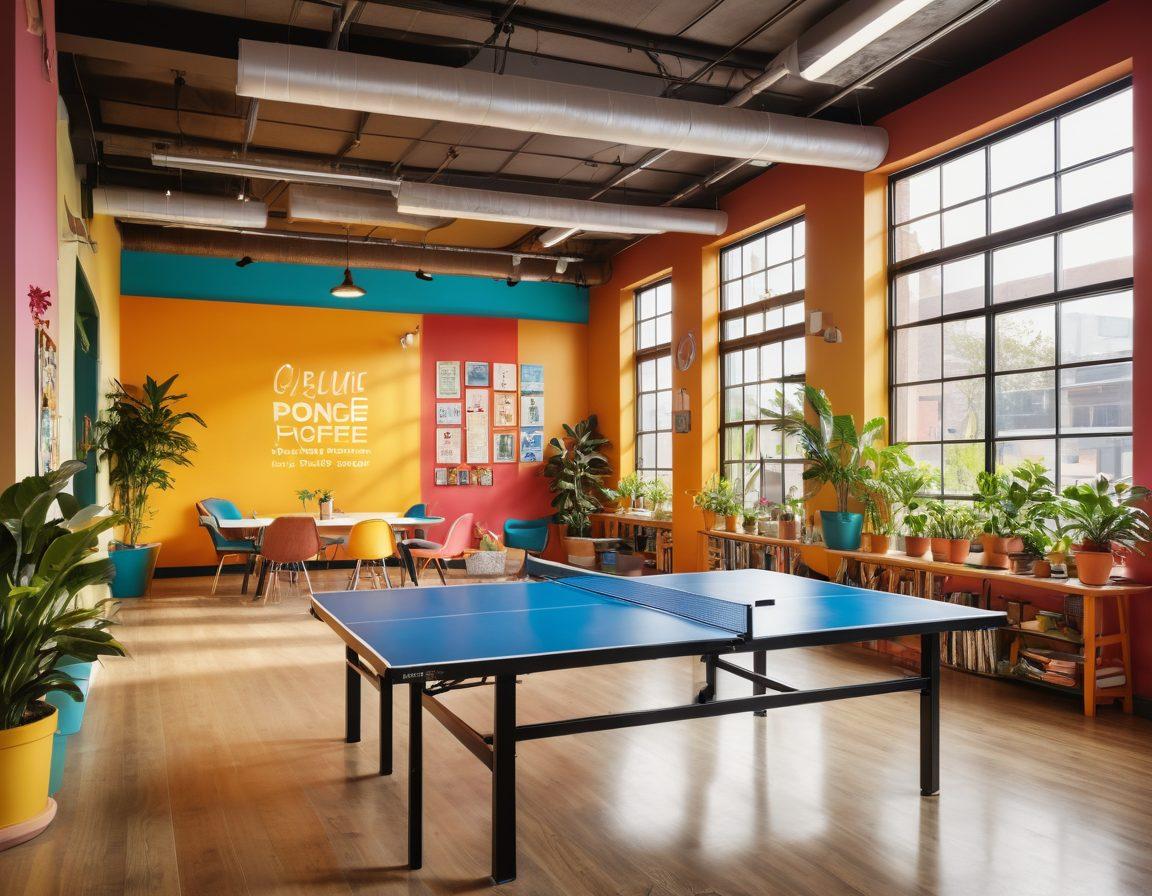 A lively office space filled with diverse, happy employees collaborating and smiling, surrounded by bright colors, plants, and creative workstations. Showcase elements like a ping pong table, a coffee station, and inspirational quotes on walls to reflect a joyful work environment. Include rays of sunlight streaming through large windows. super-realistic. vibrant colors. bright and airy.