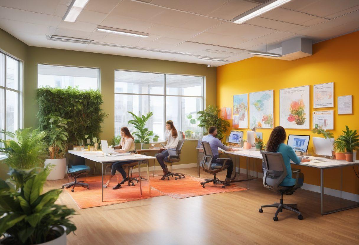 A vibrant office environment filled with happy employees collaborating and engaging in team-building activities. Include elements like modern workspaces, motivational posters, plants for a refreshing vibe, and diverse individuals sharing ideas. Emphasize joyful expressions and the spirit of teamwork, showcasing the essence of effective HR solutions. bright colors. super-realistic.
